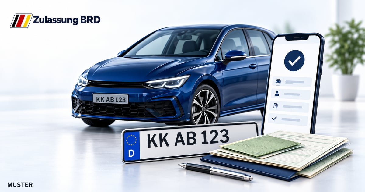 Online Fahrzeugzulassung in Nettetal: Musterkennzeichen KK AB 123, Auto und Fahrzeugpapiere und Smartphone. Illustration mit Logo von Zulassung BRD.